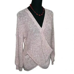 Express women's M pink‎ open knit cross body sweater v-neck long sleeve NWOT